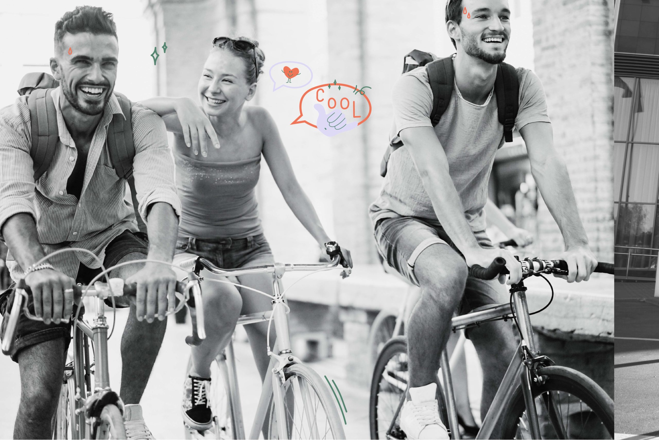image en noir et blanc de trois jeunes de face sur des vélos en train de rire